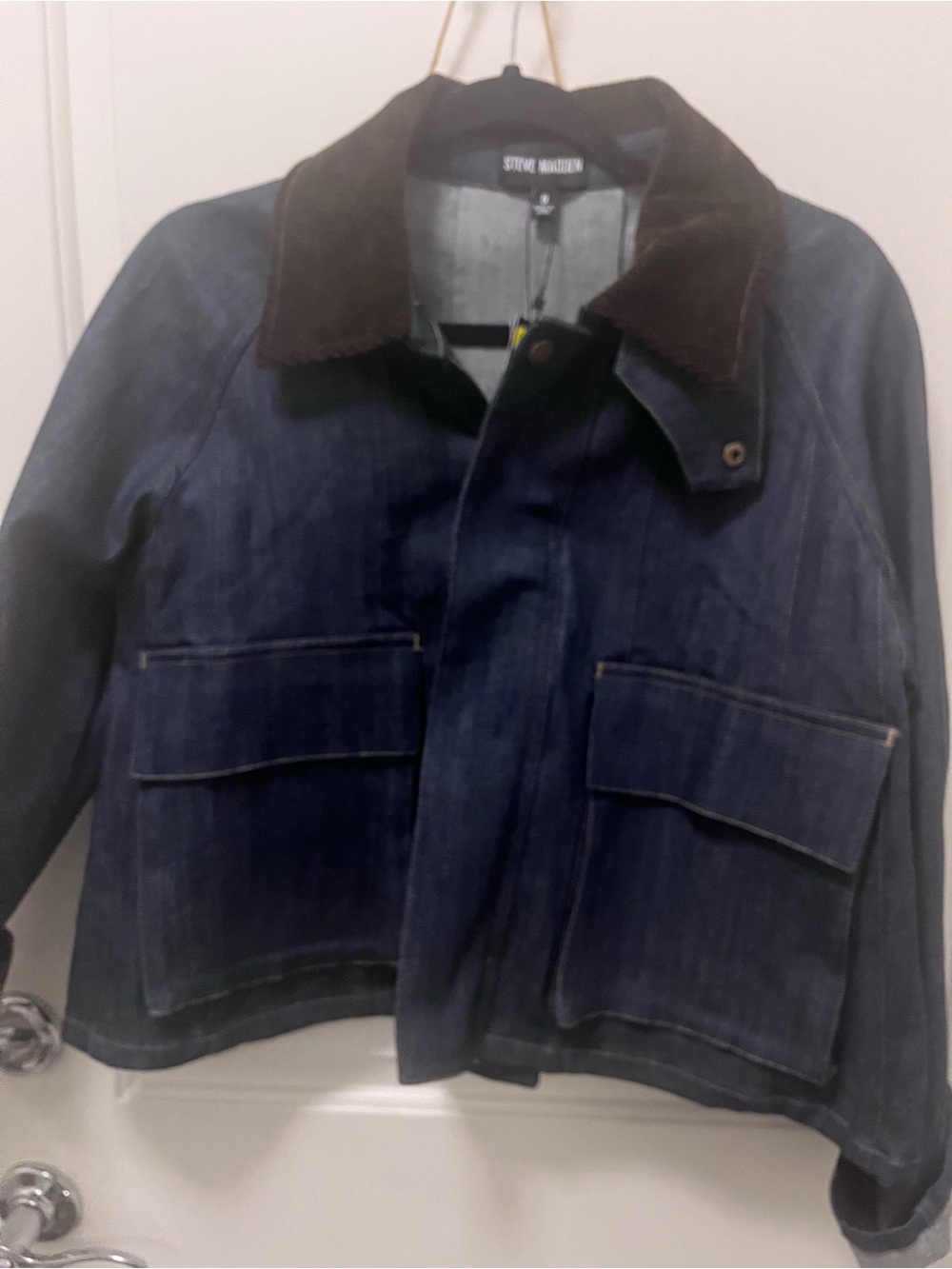Steve Madden Bloomingdale’s Justina Dark Blue Denim Jacket Brown Collar - Picture 6 of 6